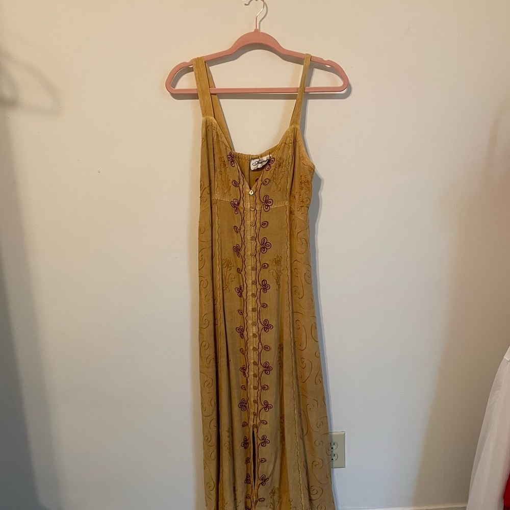 Mustard Yellow Embroidered Strappy Maxi Dress
